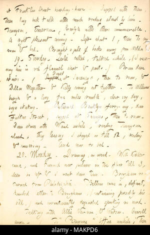 Décrit une visite à la résidence de Charles Welden. À : Transcription [48] Franklin Street boarding-house. Soupé avec eux, puis long livre parlent avec beaucoup de la lecture à haute voix par lui [Charles Welden]. [Alfred Tennyson], [Ralph Waldo Emerson], [Thomas] Carlyle avec d'autres innombrables, un droit agréable soirée. À propos de gauche 1, puis dans ma chambre & lit. Apporté une pile de livres loin de [Charles] Weldon ?s. 19. Dimanche. [Frank] Leslie appelé, a parlé d'un moment, (je lui en chemise de flanelle rouge & pantalon.) [Charles] Brown en bas. Soupé (dîné à Sweeneys, puis à l'autre, et Dillon Mapother & Kelly qui sort de Banque D'Images