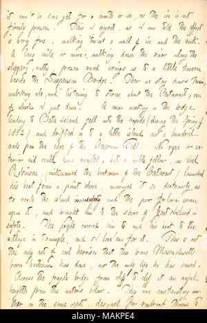 Décrit les Chutes du Niagara en hiver. Transcription : il peut encore être fait ?t pour un mois, alors que la glace n'est pas solidement gelé. Ce que je regrette, que j'ai appris l'effet est très fin, la marche ?twixt un mur de glace et la roche. Un mille ou plus ?s, marcher dans la rivière le long de la chaussée glissante, rutty, congelé road nous amène à une petite taverne à côté le pont suspendu. Il nous rester heures twain, de réflexions ale, et d'écouter des histoires sur la cataracte, l'un de qui j'ai mis vers le bas. Un homme travaillant sur le pont, menant à Bath Island est tombé dans les rapides (au printemps de 1852) et dérive o Banque D'Images