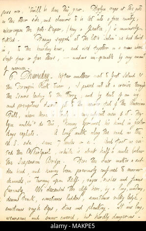 Décrit les Chutes du Niagara en hiver. Transcription : passer au-dessus, le ?sera faite cette année. [Edward] Heylyn pa à la porte de l'autre côté, et fureurs d'être laissé dans un pays libre, après quoi le gate-keeper, (étant un Yankee,) est immensément chatouillé. Après avoir soupé au petits ?ǣSaloon ? Nous avions dîné dans, pour l'internat, et abed ensemble dans une chambre où dormait quatre ou cinq autres, ? De tout montant unopenable windows de coercition. 6. Jeudi. Après une autre visite à l'île Goat & le restaurant Terrapin Tower Rock, je me suis évanoui à une crevasse dans l'escalier qui mène au traversier ; et par la norme DIN Banque D'Images