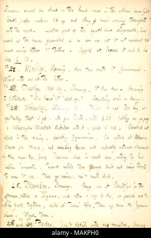 Décrit l'aviron avec Alfred Waud et Charles Damoreau près de Castle Garden. Transcription : [Alfred Waud et Charles] Damoreau ramé moi au sujet de la large rivière dans la solennelle de lune, jardin du château illuminé de windows et l'émission de musique de clang désormais dans la nuit. Dernière partie de l'heure, désagréables dans la mesure où les rameurs se disputèrent un [et] une rame a été perdu et non récupérés jusqu'ici et là, beaucoup d'aviron. Dans Erfords soupé et chacun dans son lit par 10. 23 22. Lundi. Dessin, Down Town - Visites et gymnase. Waud avec moi lors de cette dernière. 24 23. Le mardi. Journée humide. Le dessin, et le centre-ville. Même Banque D'Images