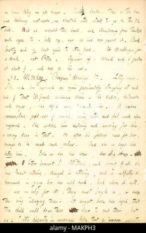 Commentaires sur le mariage troublé de Lotty et Jean Whytal. Une transcription : heures de retard nous avons eu le dîner. Des boissons diverses, alors que le soleil déclinait à l'ouest, nous avons commencé avec l'intention d'aller à l'ancien fort. Mais nous avons dépassé la marque, et grimper de thicket et Copse à une colline, nous avions vu sur l'a adoptée. Retour rapide et en bateau pour New York. Dans Woodburgs pour boire un verre, s'est réuni [Thomas] Picton. [Charles Bailey] Seymour off, [Alfred Waud] et je me séparai à environ 9, et chacun à son lit. 30. Lundi. Le ?ǣPicayune ? Dessins &c. Lotty [Kidder] est venu. Elle et son mari [John] Whytal sont encore une fois pa Banque D'Images