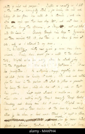 Commentaires sur le mariage troublé de Lotty et Jean Whytal. Transcription : capacité de l'esprit et l'objet.  ? Comme dit car je me sentais sincèrement sur la question, tout triste mais, pour l'entendre [Charlotte Kidder ?s] voix et en regardant son visage et comment pourrait-il en être autrement, et elle après [mot barré] près de deux heures, rester à gauche, et rentra chez lui. Le centre-ville au cours de l'après-midi, à [Thomas W.] Strongs [mot barré], rencontré et discuté avec [John] Mc Lenan. Par le biais de gouttes de pluie en soirée à un gymnase et il y a exercé jusqu'à 10, il y a peu, une tempête de pluie à l'extérieur, et que je suis retourné à ma chambre. 31. L'aut Banque D'Images