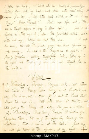 Commentaires sur le mariage troublé de Lotty et Jean Whytal. Transcription : J'ai tenu son [Lotty Kidder ?s] part, j'ai regardé dans son beau visage enfantin-femme, et ma tête s'affaissa avec coeur-tristesse douloureuse pour elle, ? Sa petite main posée sur elle ? J'ai été ?ǣTom !  ? ǢDear ?ami !  ? Et nos lèvres se rencontrèrent. Il n'y avait aucune pensée impure ou mauvaise dans l'autre cœur. Et ainsi nous avons parlé jusqu'à peu près 3, lorsque M. [Joseph] Greatbatch appelé, et s'en alla, Lotty m'offres leur rendre visite bientôt. Je suis allé en ville, n'appelle &c, et en descendant les escaliers l'entorse de cheville mon ancle [] sévèrement. Donc allés à l'Hippodrome at nigh Banque D'Images