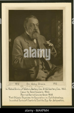 Portrait de mi-longueur d'un homme assis tenant une cigarette dans sa main droite. '1835 Le Dr John Green 1913. Service médical dans l'ouest de mesures sanitaires Com. et U. S. Sanitary Com. 1862. Est venu à Saint Louis en 1866. Louisa Jones 1868 Harriet mariés. Premier Médecin de St Louis de se spécialiser en ophtalmologie inventé Série de graphiques pour tester l'Œil pour l'ASTIGMATISME.' (écrit en dessous de l'image). 'Dr. John Green - 1835-1913" (écrit sur le verso). Le Dr John Green, descendant du second gouverneur de la colonie de la baie du Massachusetts, est né à Worcester (Massachusetts) le 2 avril 1835. Il est entré à Harvard College Banque D'Images