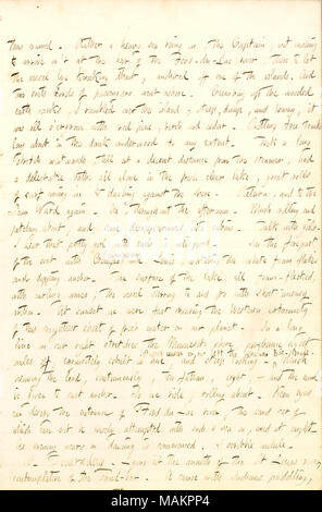 Décrit le débarquement Sam Ward au Fond du Lac River dans le Wisconsin. Transcription : ainsi nommée. Plutôt une mer lourde d'être sur, le capitaine, ne souhaitant pas arriver à ?t à la barre de la Fond-du-Lac Rivière, il y a à laisser le navire lye frapper sur, ancré à l'une des îles. Et deux bateaux remplis de passagers sont allés à terre. Grimpant les digues de terre boisée, je sur l'île, à bâtons rompus, raide, humide et mousseuse, c'était o ?ergrown avec le pin rouge, de bouleau et de cèdre. Des troncs en décomposition dans la mise sur dank underwood à toute mesure. M'a fallu beaucoup de croquis à l'ouest, jusqu'à une isolation partiellechauffage décent Banque D'Images