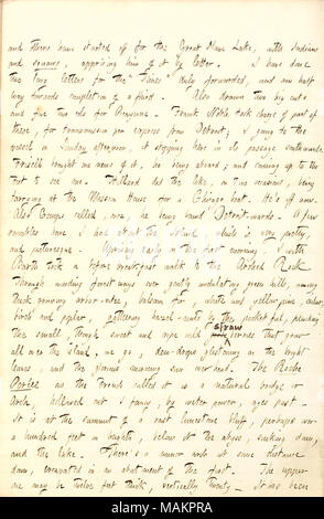 Décrit une visite à Arch Rock sur l'île Mackinac avec William Barth. Transcription : et d'autres ont commencé pour le Grand lac des Esclaves, avec les Indiens et les squaws, William [Barth] lui informant [Alfred Waud] par lettre. J'ai fait deux longues lettres pour le ?ǣ [Nouveau] New York Times ? Dûment transmis, et je suis à mi-chemin vers la fin d'un troisième. Appelée également deux grandes coupes et cinq deux cols de Picayune. Frank Noble a pris en charge une partie de ces, pour transmission par express à partir de Detroit ; je passe au navire le dimanche après-midi, il s'arrêter ici dans son passage vers le sud. Frisell m'a apporté des nouvelles de c Banque D'Images