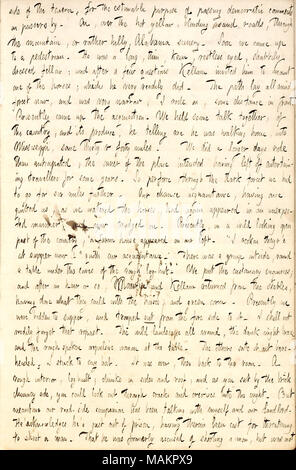 Dépenses décrit la nuit dans une ferme de l'Alabama sur son chemin à la Louisiane par cheval, et de réunion un homme sur la route à la sortie de prison. Transcription : côté de la taverne, pour l'estimable but de transmettre des commentaires sur démocratique par les passants. Sur le dessus, jaune chaud, sable aveuglant les routes, à travers la montagne, ou plutôt vallonné, New York paysage. Bientôt nous sommes venus jusqu'à un piéton. Il a été un long, mince, vif, agité, aux yeux bleus vêtu avec mesquinerie ; et après quelques questions [Oliver] Kellam a invité à monter l'un des chevaux, et qu'il n'a très facilement. Le chemin au milieu de tous les laïcs, et maintenant la forêt Banque D'Images