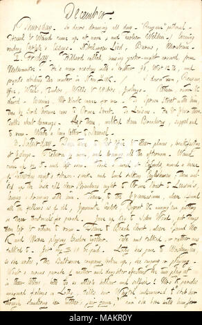 Visite de Mme Kidder et décrit l'annonce de Lotty Kidder, qui a déménagé à Washington. Transcription : Décembre. Jeudi 1. Dans les portes battantes, dessin tous les jours. Le ?ǣPicayune ? Pictural. Hewel [George Yewell] & [Alfred Waud] est venu jusqu'à midi, et à l'heure [Charles] Welden. / Soirée de lecture [Thomas] Carlyle ?s d'essais. Nibelungen Lied, brûlures, Murabeau. 2. Vendredi. [Frank] Hillard, ayant appelé yester-nuit est arrivé, de Milwaukee. Il ?s résident maintenant avec un frère [Oliver Hillard], 91 West 12th, et respectueux des projets de l'hiver à New York. / Je down town, Picayune, Office, [Edwin] Les mauvaises herbes, tailleurs, bien Banque D'Images