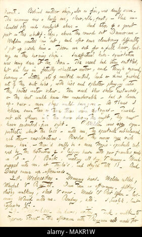 Au sujet d'un incendie qui a détruit le navire grande République. Transcription : brûlé. Derrière un autre navire, également sur le feu, était mal vu. La matinée a été une belle une, claire, froide, glaciale ? Ciel bleu sans nuages et le soleil au-dessus. Et au sommet d'une grande partie sur le quai de Pointe-au-dessus de la foule, sat [Charles] Damoreau. [Charles] Welden le désigne, et après quelques difficultés à grimper, je me suis levé à côté de lui. Nous étions assis pour une heure complète, à la recherche sur le navire en feu [la grande république]. Flexible-squirtation inefficace a été fait à l'arrière. Le navire avait été abandonné, mais elle tenait à peu profondes mortellement wa Banque D'Images