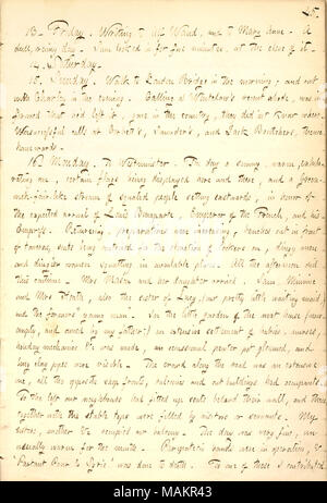 Décrit la participation à une procession pour Louis Napoléon à Londres. Transcription : 13. Vendredi. Pour l'écriture, et de l'Alf Waud Marie Anne [Greatbatch]. Une sourde, jour de pluie. [Sam] Gunn regardé dans pendant cinq minutes, à la fin de celui-ci. 14. Samedi. 15. Dimanche. À pied jusqu'à London Bridge le matin ; et avec Charley [Gunn] dans la soirée. À l'appel [Matthieu] Whitelaw ?s demeure récente, a été informé qu'il ?d gauche lui-même, allé dans le pays, ils n ?nt sait où. Appels non aboutis à Corbett ?s, Saunder ?s, et Jack Boutcher ?s, de là, vers le dirigeant. 16. Lundi. À Westminster. Le jour ensoleillé, chaud, un exhilara Banque D'Images