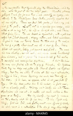 Décrit la participation à une procession pour Louis Napoléon à Londres. Transcription : sur la considération qu'ils devraient jouer la Marseillaise, ce qu'ils ont fait. Jusqu'à 5 n'est pas passé le cortège passer. Policier à cheval galopa et là pour un certain temps, et actuellement, l'écuyer qui le retour à la gare d'armes maçons, probablement a indiqué que tout était bon. À partir de notre petit jardin avant, j'avais une très bonne vue de la partie. L. N. [Louis Napoléon] était assis dans un grand chariot, qui roula sur à un trot facile, sa femme [Eugène de Montijo] sur son côté droit, et à Prince Albert, en face de lui. Il a été d Banque D'Images