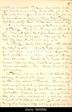 Décrit la participation à une procession pour Louis Napoléon à Londres. Transcription : dans l'échec et la répression. La Reine [Victoria], que le bonheur de déchant Poritons respectable comme une femme vertueuse et la mère, lui donne [Louis Napoléon] la jarretière, boucles sur sa jambe, il à qui les maisons closes de New York, et les taudis de Londres sont familiers ! Ce qu'un tableau historique ? Décoration Divine droite parvenue de scrupules, de la criminalité et le parjure [William] Shakspere ?s ?chatouillant marchandise ? Courtier permanent entre eux ! / Pour Sam [Gunn] ?s dans la soirée, où ont été Heath et son épouse. 17. Le mardi. Tu Banque D'Images