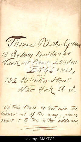 Thomas Butler Gunn's adresse. Titre : Thomas Butler Gunn Diaries : Volume 22, page 2, environ 1863 . 1863. Gunn, Thomas Butler, 1826-1903 Banque D'Images