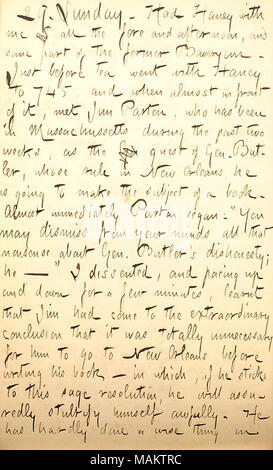 En ce qui concerne le livre James Parton sera écrit sur le général Butler. Titre : Thomas Butler Gunn Diaries : Volume 22, page 172, le 29 mars 1863 . 29 mars 1863. Gunn, Thomas Butler, 1826-1903 Banque D'Images