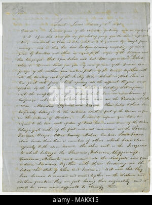 Plus de détails ses opinions sur les origines des langues indiennes et la coutume de cannibalisme. Titre : lettre signée Thomas Fitzpatrick, Saint Louis, au Lieut. J. W. [Abbert James William Abert], 5 février 1846 . 5 février 1846. Fitzpatrick, Thomas, 1799-1854 Banque D'Images