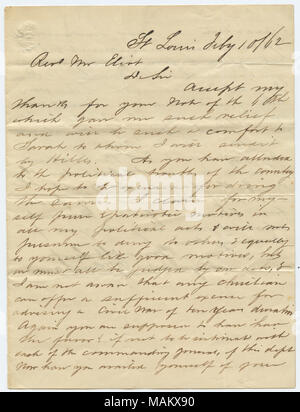 En ce qui concerne ses sentiments sur la guerre civile. Légales Eliot veut aider ceux qui ont été emprisonnés ou bannis. Titre : Contemporain copie de lettre signée Wm. Carr Lane, St Louis, à M. Eliot [William Greenleaf Eliot], le 10 février 1862 . 10 février 1862. Lane, William Carr, 1789-1863 Banque D'Images