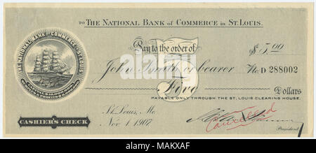 La mention "annulé" en rouge sur la signature du président. Ces chèques ont été utilisés par les banques au cours de la panique de 1907 et distribué au cours de la liquidation de l'actif de la banque. (Ils ont été retirées dans un délai de quelques mois.) Titre : Chèque de banque pour 5 $ payable à John Smith ou au porteur, la Banque Nationale de Commerce à St Louis, le 1 novembre 1907 . 1er novembre 1907. Banque D'Images