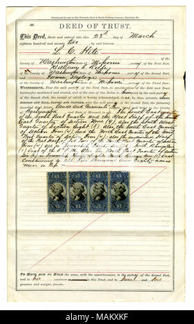 Prêt consenti par Firmin Desloge à C.T. (Lewis Cass) Hite au montant de 3 787,40 $, a déclaré prêt soit signé sur quatre notes distinctes, toutes datées du 23 mars 1872 : 1 000 $ venant à échéance le 15 avril 1872, l'intérêt de 10 par an ; 1 000 $ le 15 juin 1872, l'intérêt de 10 par an. Si le remboursement n'a pas reçu, sur l'une des quatre notes protégées par le présent acte de fiducie (par défaut) Propriété à vendre pour la porte du Palais, Potosi, Mo. pour être fixé à 580 acres dans le comté de Washington. Titre : acte de fiducie signé Lewis Cass Hite et William S. Reefe, comté de Washington, le 23 mars 1872 . 23 mars 1872. Hite, Lewis Cass Banque D'Images