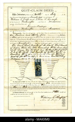 Cession d'un terrain de William S. Reefe et épouse Alice L. Reefe à Firmin Desloge pour la somme de $135.00. Bien transféré : 80 acres dans le comté de Crawford. Titre : acte de renonciation signé William S. Reefe et Alice L. Reefe du comté de Washington, le 10 juillet 1871 . 10 juillet 1871. Reefe, William S. Banque D'Images