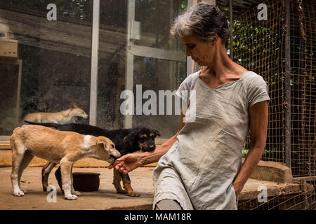 Kandy, Sri Lanka. Feb 21, 2018. EVA RUPPEL siège avec deux chiots à sauver sa propriété rurale près de Kandy, Sri Lanka, le mercredi 21 février, 2018. La cage n'est pas Ruppel à environ 170 chiens rescapés vivant avec elle, leur permettant la liberté de se déplacer et d'interagir dans les petits emballages dans de multiples plumes tout au long de sa propriété, ainsi qu'à l'intérieur de sa maison. Ruppel créé Tikiri Trust, avec l'aide financière de son père, à sauver et à placer le Sri Lanka's street dogs.Il est impossible de visiter le Sri Lanka sans voir street dogs dans presque chaque espace public, près des hôtels, maisons d'un Banque D'Images