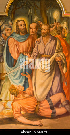 Saragosse, Espagne - 3 mars 2018 : la peinture de scène - Peter coupant l'oreille de Malchus dans l'église Iglesia de Santo Tomás de Aquino. Banque D'Images
