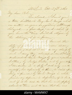 Demande de l'aide dans l'élimination de son nom d'actes répréhensibles. Titre : Copie de la lettre de Jacques. B. [EADS EADS] James B., Saint Louis, au colonel [Frank P. Blair], le 29 octobre 1861 . 29 octobre 1861. Eads, James Buchanan, 1820-1887 Banque D'Images