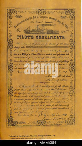 L'original est au Musée de navigateurs, Newport News, Virginie. Titre : la reproduction en fac-similé d'un brevet de pilote à vapeur pour Samuel Clemens sur le fleuve du Mississippi entre Saint-Louis et la Nouvelle Orléans, le 9 avril 1859 . 9 avril 1859. Banque D'Images