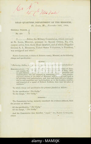 Présenter les conclusions de la Commission militaire qui s'est réunie à St Louis, Missouri, en vertu de commandes spéciales no 274. Titre : Les commandes générales, n° 210, de Frank Eno, adjudant général adjoint, Head Quarters, Ministère de l'Iowa, St Louis, Missouri, le 16 novembre 1864 . 16 novembre 1864. Eno, Frank Banque D'Images