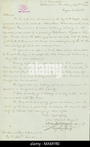 Mentionne la nomination de commissaires à recevoir des témoignages relatifs à des déprédations commises par Ellet's Brigade en juillet dernier, ainsi que des mesures visant à protéger l'Indianola. Titre : Lettre de John McLeod Murphy, U. S. S. Carondelet, au large de l'Ouragan Plantation, Mississippi, à [David D.] Porter, le 29 août 1863 . 29 août 1863. Murphy, John McLeod Banque D'Images