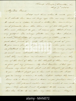 Parle de son point de vue sur la conscription, la maladie parmi les troupes, l'appauvrissement de la population locale, et contrabands qui ont été recrutés dans l'armée de l'Union. Titre : lettre signée le Capitaine John W. Deforest, Carrollton, en Louisiane, à Lillie Lillie [Umsted], le 7 août 1862 . 7 août 1862. DeForest, John W. Banque D'Images