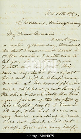 Au sujet d'une blessure de son père. L'enveloppe comprend. Titre : lettre signée Caroline M. Bates, Cheneaux, d'être Bates, le 14 octobre 1881 . 14 octobre 1881. Bates, Caroline M. Banque D'Images