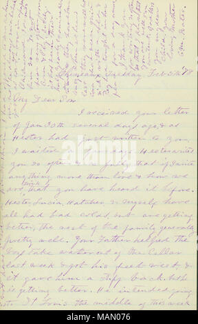 Contient les questions relatives à la famille et à l'actualité. L'enveloppe comprend. Titre : lettre signée Caroline M. Bates, Cheneaux, d'être Bates, le 25 février 1878 . 25 février 1878. Bates, Caroline M. Banque D'Images