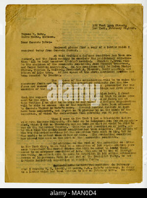 En 1912, Frank O'Hare devient rédacteur en chef du Rip-Saw socialiste a émis, un mensuel de St Louis. Il était marié à l'éminent Kate socialiste Richards O'Hare, qui a été emprisonné pendant la Première Guerre mondiale (avril 1919). Transcription : 136 West 13th Street, New York, 28 février 1916. C. Eugene Debs Terre Haute, Indiana. Cher camarade Debs :- veuillez trouver ci-joint une copie d'une lettre que j'ai reçu aujourd'hui par le Camarade Carmer. À ce jour, un comité de défense a été organisée, et la réunion finale pour conclure l'organisation préliminaire aura lieu demain (vendredi) matin. Charles W. Ervin s Banque D'Images