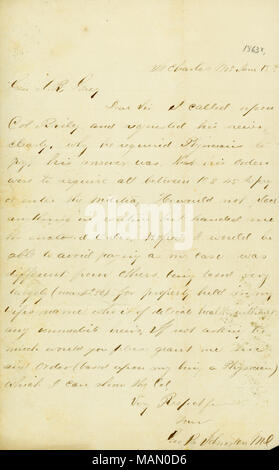 Exemption de l'obligation de la milice des demandes. Comprend réponse de gris sur l'arrière. Titre : lettre signée Géo. B. Johnston [George B. Johnston], Saint Charles, Mo., au général J.B. Gris [gris] John B., 18 juin 1863 . 18 juin 1863. Johnston, John B. Banque D'Images