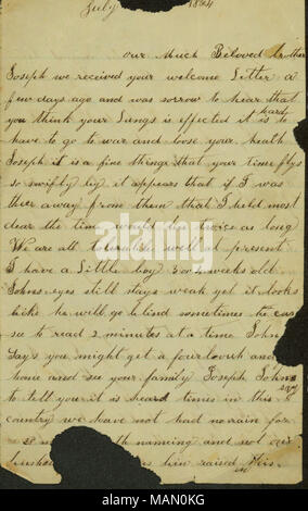 Concerne la guerre et des nouvelles familiales. Mentionne une sécheresse. Juillet : transcription papier [déchirés, mot manquant] 1864 notre très cher frère Joseph, nous avons reçu votre lettre de bienvenue il y a quelques jours et a été la tristesse d'apprendre que vous pensez que vos poumons se fait il est difficile d'avoir à aller à la guerre et perdez votre heath Joseph c'est une bonne chose que votre temps flys pour swifly par il semble que si j'étais leur loin d'eux que j'ai eu de plus cher l'heure serait deux fois plus longtemps, nous sommes tous bien tolérable à l'heure actuelle J'ai un petit garçon de 3 ou 4 semaines. Johns, les yeux toujours reste faible mais on dirait qu'il va devenir aveugle parfois Banque D'Images