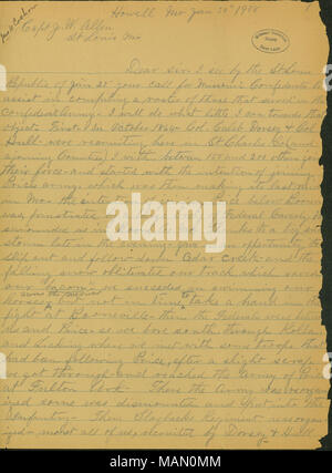 Contient des réminiscences de son itinéraire de St Charles County, Mo., à New York à l'automne de 1864 à rejoindre Sterling : ?s, l'armée et compte de ses expériences au Mexique en tant qu'expatrié confédérés. Transcription : Howell Mo Jan 30 ? 1908 Capt J. W. Allen St Louis Mo Cher monsieur ? Je vois par la République de St Louis Jan 27 votre appel à Missouri confédérés pour aider à compiler une liste de ceux qui ont servi dans l'armée confédérée ? Je vais faire ce que je peux peu vers cet objet ? Première ? En octobre 1864 ? Le colonel Caleb Dorsey [et] Le colonel Hull ? Recrutement étaient ici à St-charles Co. (un Banque D'Images