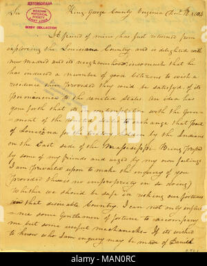 Qu'un ami revient tout juste d'explorer le territoire de la Louisiane, et il se demande s'il serait en sécurité dans ǣbe ?risquer notre sort dans ce pays. souhaitable' Title : lettre signée Lewis Waugh, King George Comté (Virginie), à Thomas Jefferson, le 18 décembre 1804 . 18 décembre 1804. Waugh, Lewis Banque D'Images