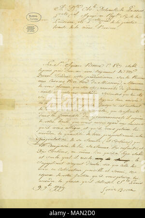 Concession Demandes de terres sur les cuivres et la rivière près de la femme de la rivière Osage pour l'usage du pétitionnaire, Daniel M. Boone, son épouse, 6 enfants et dix esclaves. Accordée par Carlos Dehault Delassus et confirmé par Clement B. Penrose et Jas. L. Donaldson, 1 mars, 1806. Titre : pétition signée Squire Boone [Daniel Boone], le 9 novembre 1799 . 9 novembre 1799. Boone, Daniel, 1734-1820 Banque D'Images