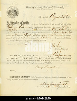 Membres que Hamer a fait appel à St Louis le 18 août 1864, comme simple soldat dans la Compagnie A du 40e Régiment d'infanterie volontaire du Missouri, et qu'il a reçu deux cents dollars que bounty. Titre : La réception de bounty à George Hamer, le 25 août 1864 . 25 août 1864. Long, John M. Banque D'Images