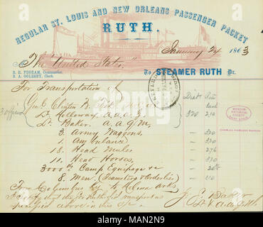 La réception de l'Organisation des États de la Nouvelle Orléans et St Louis Paquet de passagers pour le transport des hommes et des fournitures à bord du vapeur Ruth, à Columbus, Ohio, à Helena, Arkansas. La réception comprend la gravure du Ruth. Le document contient le sceau du Capitaine Charles Parsons, quartier-maître assistant à St Louis, le 24 janvier 1863., page 1, les bateaux à vapeur et l'histoire de la rivière Missouri History Museum Collection, Archives, St Louis, Missouri Banque D'Images