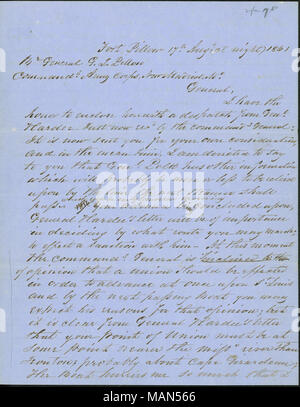 Discuter des plans pour une jonction d'Oreiller ?s forces à celles du général William Hardee probablement près de Cape Girardeau, Missouri. Transcription : Fort Pillow 17 août ?ǣ(la nuit) 1861 Br Général G.L. Oreiller Commandg. Corps d'armée, Madrid, nouveau général VE, j'ai l'honneur de vous adresser ci-joint une dépêche du général. Hardee, tout à l'heure par le recd général commande : c'est maintenant que je vous ai envoyé pour votre propre compte, et dans le même temps, j'ai pour instruction de vous dire que général. Polk a d'autres informations qui seront probablement plus ou moins fiables[ ?] à l'époque par le prochain bateau à vapeur doit passer Banque D'Images