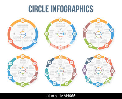 Infographie des modèles avec cercle 3, 4, 5, 6, 7 et 8 éléments, étapes ou options, ou de flux de données, diagramme de processus vizualization, vector eps10 illust Banque D'Images