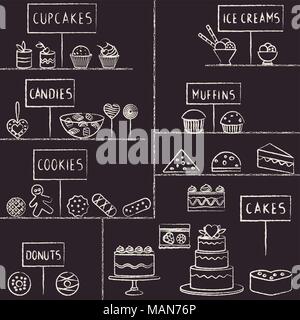 Différents gâteaux et bonbons, la craie sur tableau noir. Illustration de Vecteur