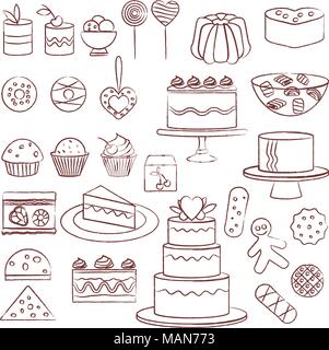 Diverses pâtisseries, gâteaux et bonbons hand drawn vector set. Illustration de Vecteur