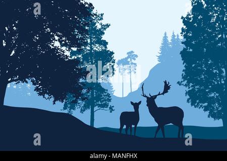 Cerfs et permanent entre les arbres en arrière paysage avec colline sous le ciel bleu - vector Illustration de Vecteur
