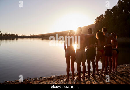 Amis des jeunes adultes sur le lac, vue arrière Banque D'Images