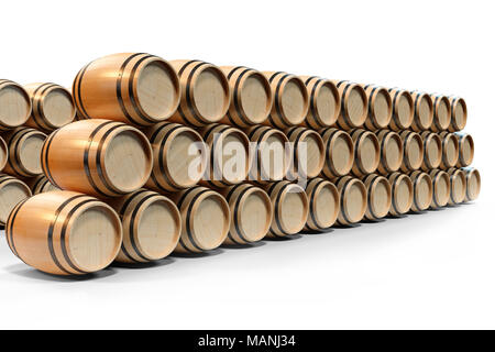 Illustration 3D vin tonneaux en bois isolé sur fond blanc. Boisson alcoolisée dans des fûts en bois, tels que le vin, cognac, rhum, brandy. Banque D'Images