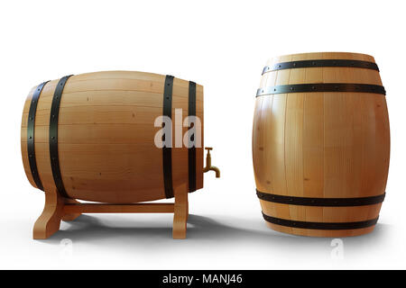 Illustration 3D vin tonneaux en bois isolé sur fond blanc. Boisson alcoolisée dans des fûts en bois, tels que le vin, cognac, rhum, brandy. Banque D'Images