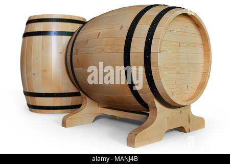 Illustration 3D vin tonneaux en bois isolé sur fond blanc. Boisson alcoolisée dans des fûts en bois, tels que le vin, cognac, rhum, brandy. Banque D'Images