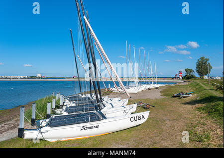 Voiliers sur la côte des Burger Binnensee Wulfener Hals, à l'Wulfen, Fehmarn, mer Baltique, Schleswig-Holstein, Allemagne, Europe Banque D'Images